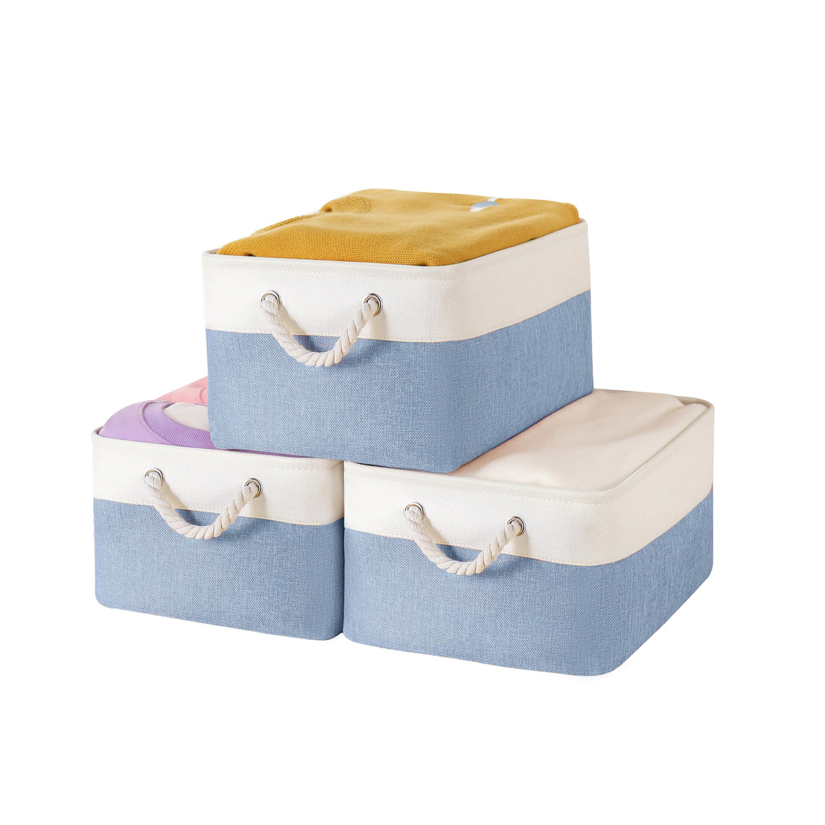 Storage Bins with Sturdy Cotton Handles(3 Pack) Fabric Storage Baskets for Organizing use for Office & Home Book Clothes Toys Closet Boxes (Large Blue-White 12.2x8.3x6.3 inches)