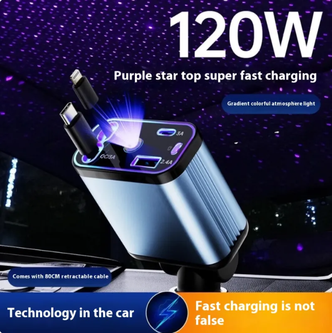 Starry Sky Flexible Wire Car Charger, 120W Fast Charging (Type-C & Apple Compatible)
