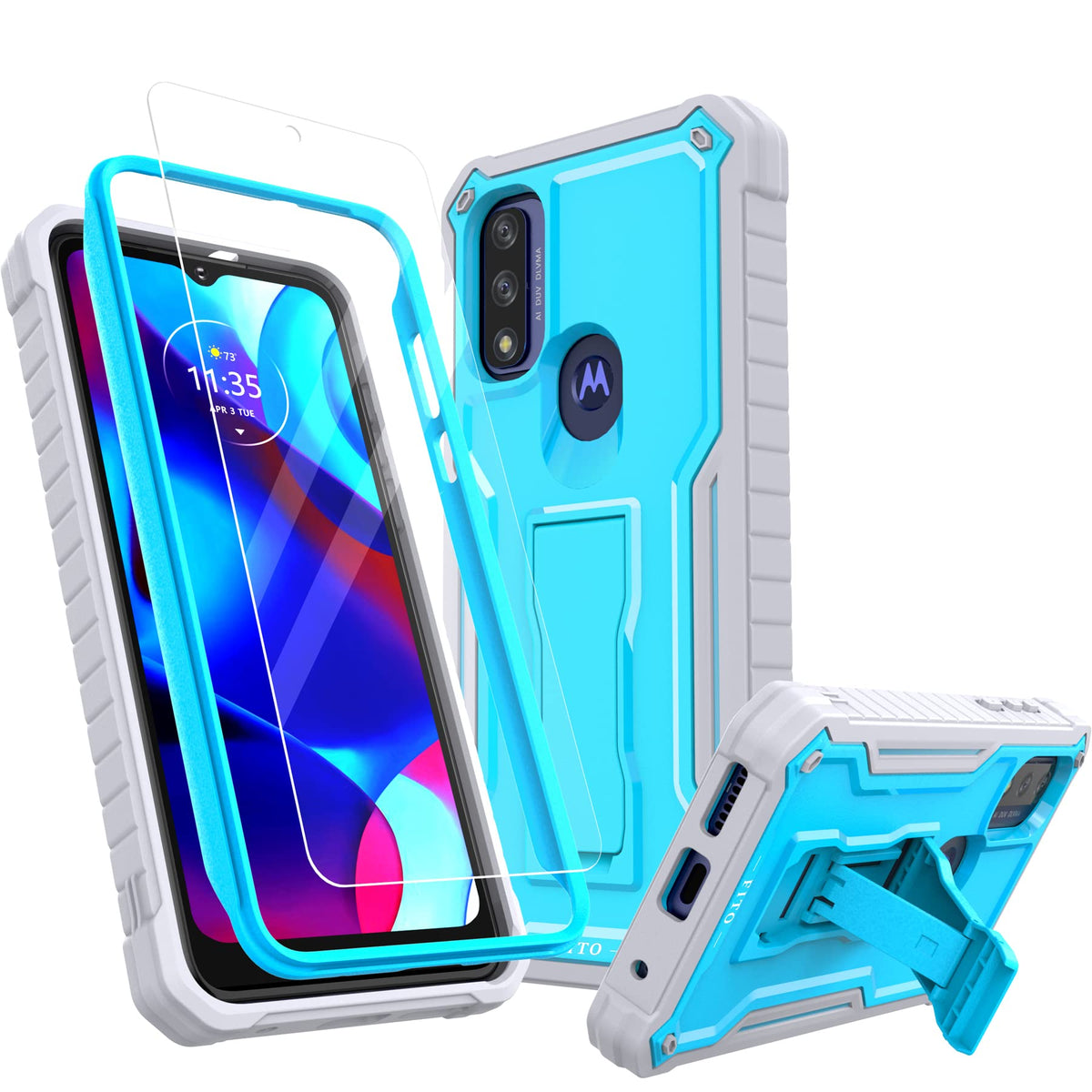 FITO for Moto G Pure Case Dual Layer Shockproof Heavy Duty Case with a Glass Screen Protector Built-in Kickstand (Blue)