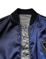 Dolce & Gabbana Blue Nylon DG Crown Full Zip Bomber Jacket