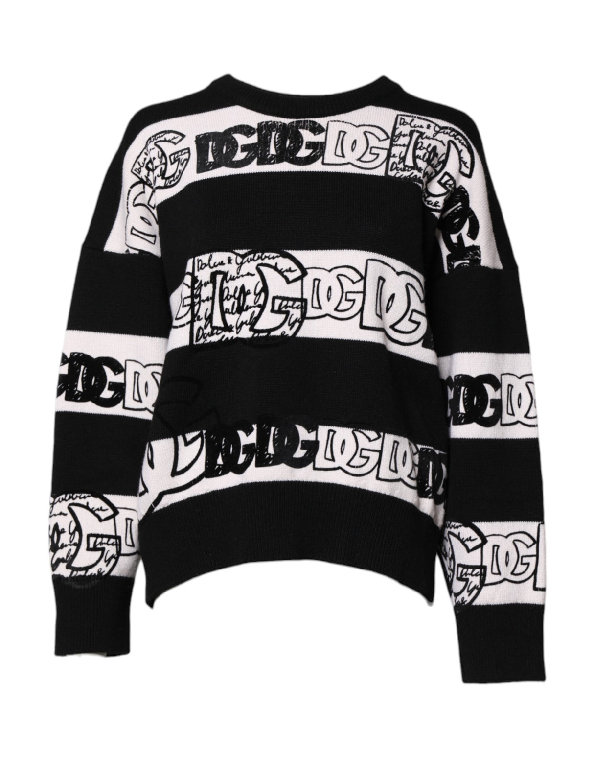 Dolce & Gabbana Black White Logo Print Wool Pullover Sweater