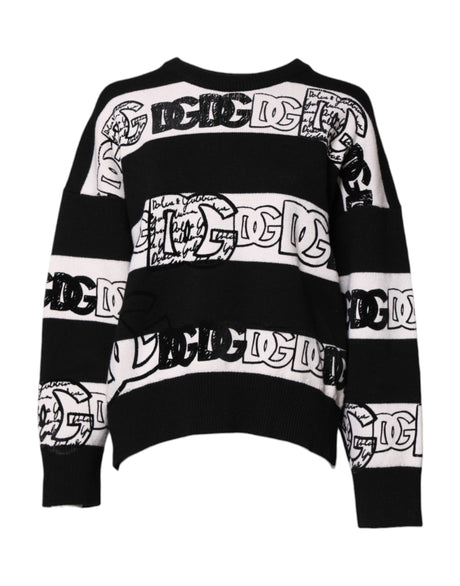 Dolce & Gabbana Black White Logo Print Wool Pullover Sweater
