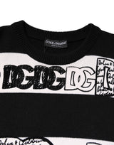 Dolce & Gabbana Black White Logo Print Wool Pullover Sweater