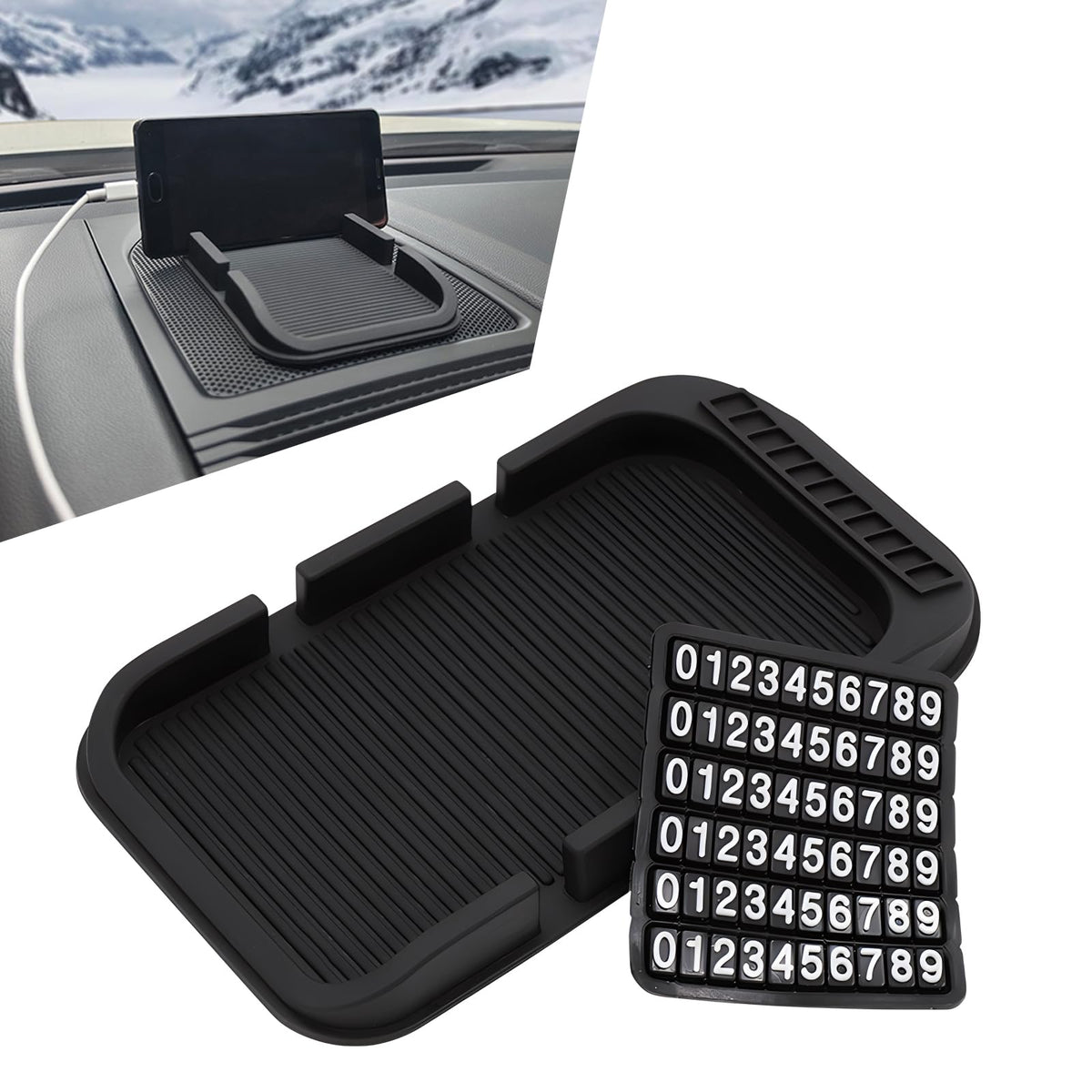 Yumfugu Pack-1 Car Dashboard Anti-Slip Mat Multifunction Car Dashboard Cell Phone Holder Double-Groove with Number Plate Auto Pad Mat Universal for Most Cars (Black)