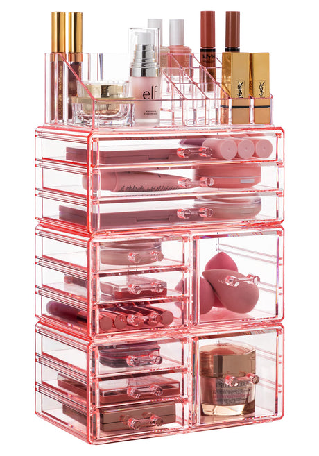 HBlife Acrylic Clear Dustproof Makeup Storage Organizer Drawers Large Skin Care Cosmetic Display Cases for Bathroom Stackable Storage Box with 11 Drawers for Vanity (Orange)