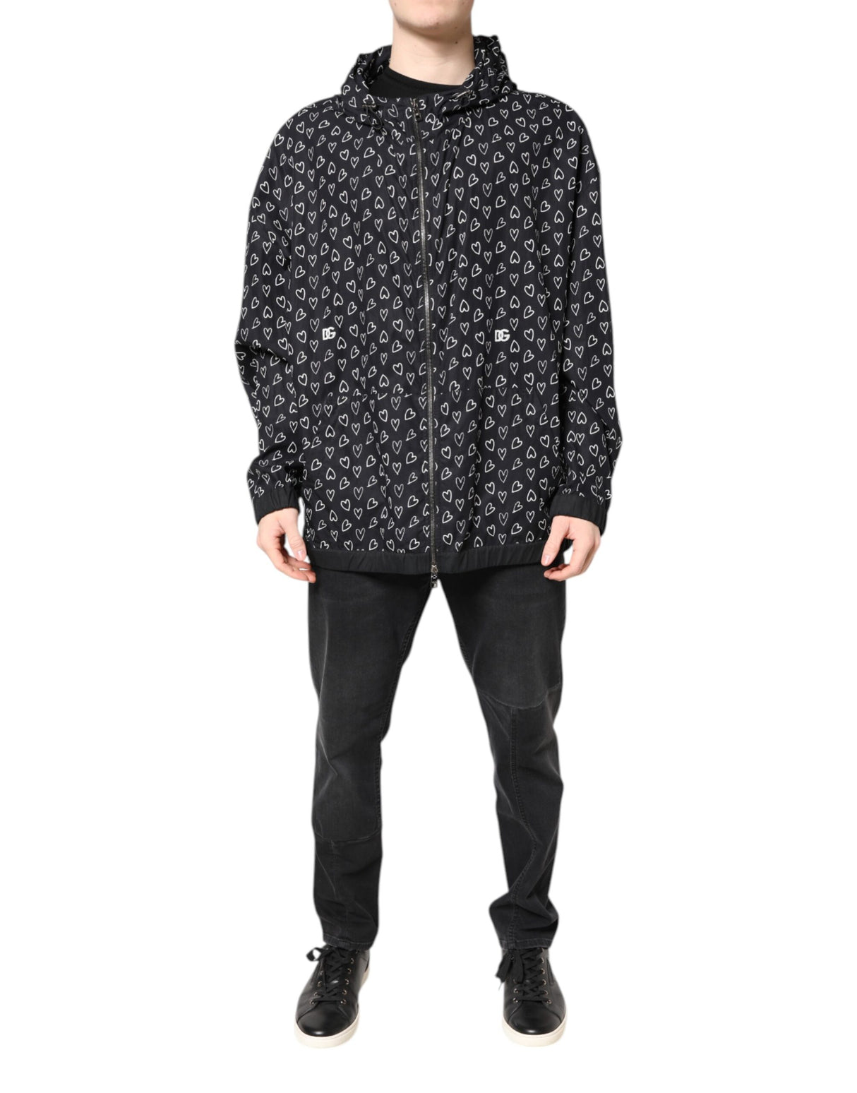 Dolce & Gabbana Black Heart Print Hooded Windbreaker Jacket