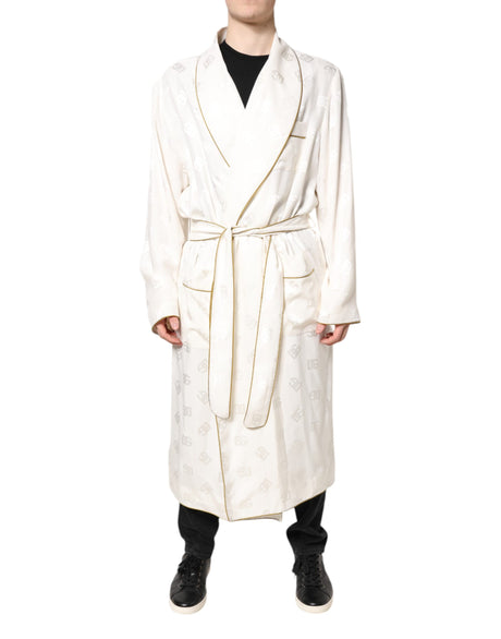 Dolce & Gabbana Ivory Silk Logo Men Wrap Robe Coat Jacket