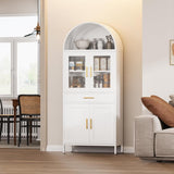 Tall Metal Arched Display Cabinet, Arch Kitchen Pantry Storage Organizer With Doors Shelves Drawers, Modern Freestanding Bookcase For Home Office Bar Living Room White