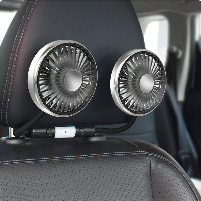 Car Double-Headed Seat Fan with Light and Flexible Hose - Black