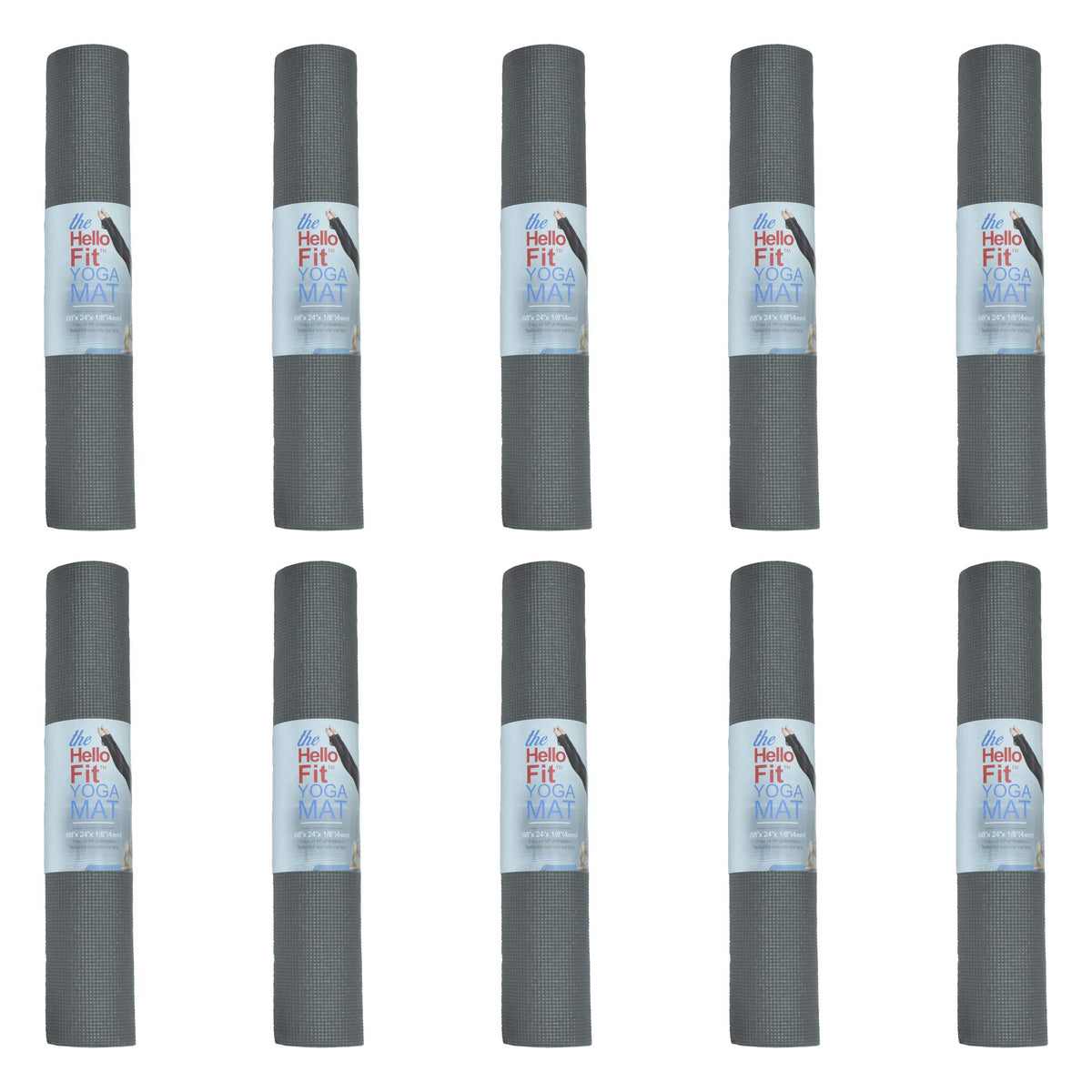 Hello Fit 10-Pack Kid-Friendly Yoga Mat 68" x 24" Non Slip Exercise Mat 4mm Non Toxic Yoga Mats for Kids Easy to Clean Bulk Workout Mats for Schools Classrooms and Studios Cool Grey