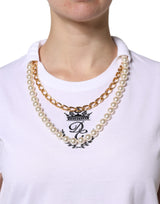 Dolce & Gabbana White Chain Pearl Cotton Round Neck T-shirt