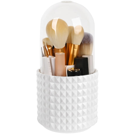WAFJAMF Make Up Brush Organizer with Lid 360 Rotating Makeup Brush Holder Organizer for Vanity and Bathroom 5 Slot Makeup Brushes Cup - Luxury Style - Diamond-White