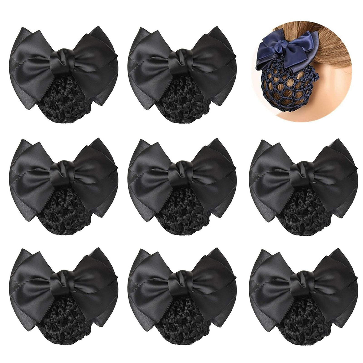 TXIN Hair Accessories - 9 Pieces Satin Bow Crochet Barrette Clips Knit Mesh Hairnets for Women and Girls Non-slip Black Bun Covers