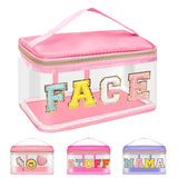 Iqimott Preppy Clear Makeup Cosmetic Bag for Women Travel Nylon PVC Chenille Glitter Letter Toiletry Storage Tote Bag Transparent Waterproof Organizer Zipper Pouch with Handle(Face Pink)