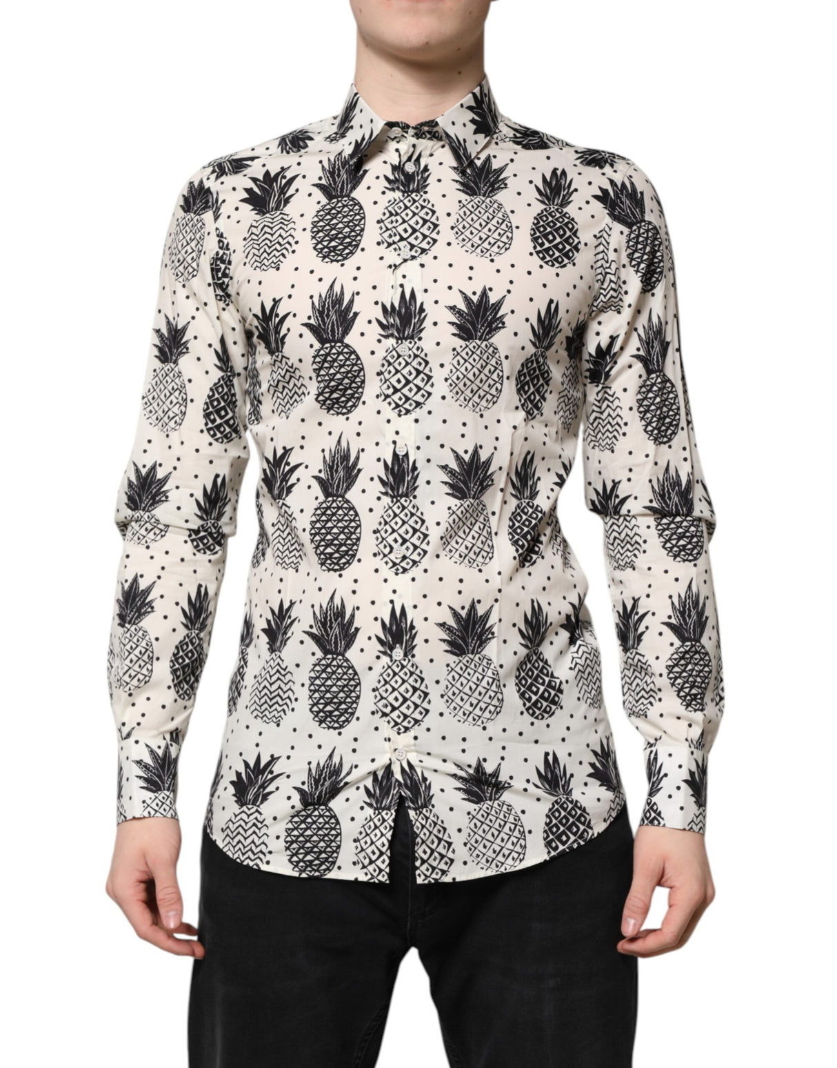 Dolce & Gabbana White Pineapple Print Long Sleeve GOLD Shirt