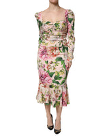 Dolce & Gabbana Pink Floral Silk Fit And Flared Midi Dress