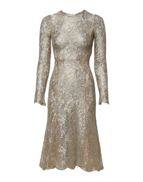 Dolce & Gabbana Gold Floral Lace Long Sleeves Fit & Flare Dress