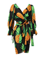 Dolce & Gabbana Black Pineapple Print Silk Wrap Mini Dress