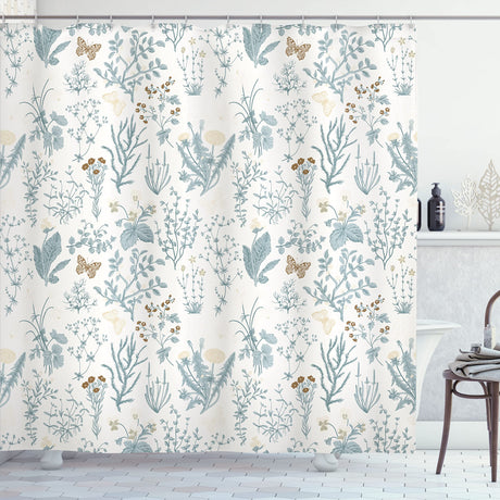 Ambesonne Floral Shower Curtain Vintage Garden Plants Herbs Flowers Botanical Classic Design Illustration Cloth Fabric Bathroom Decor Set with Hooks 69" W x 75" L Blue Grey