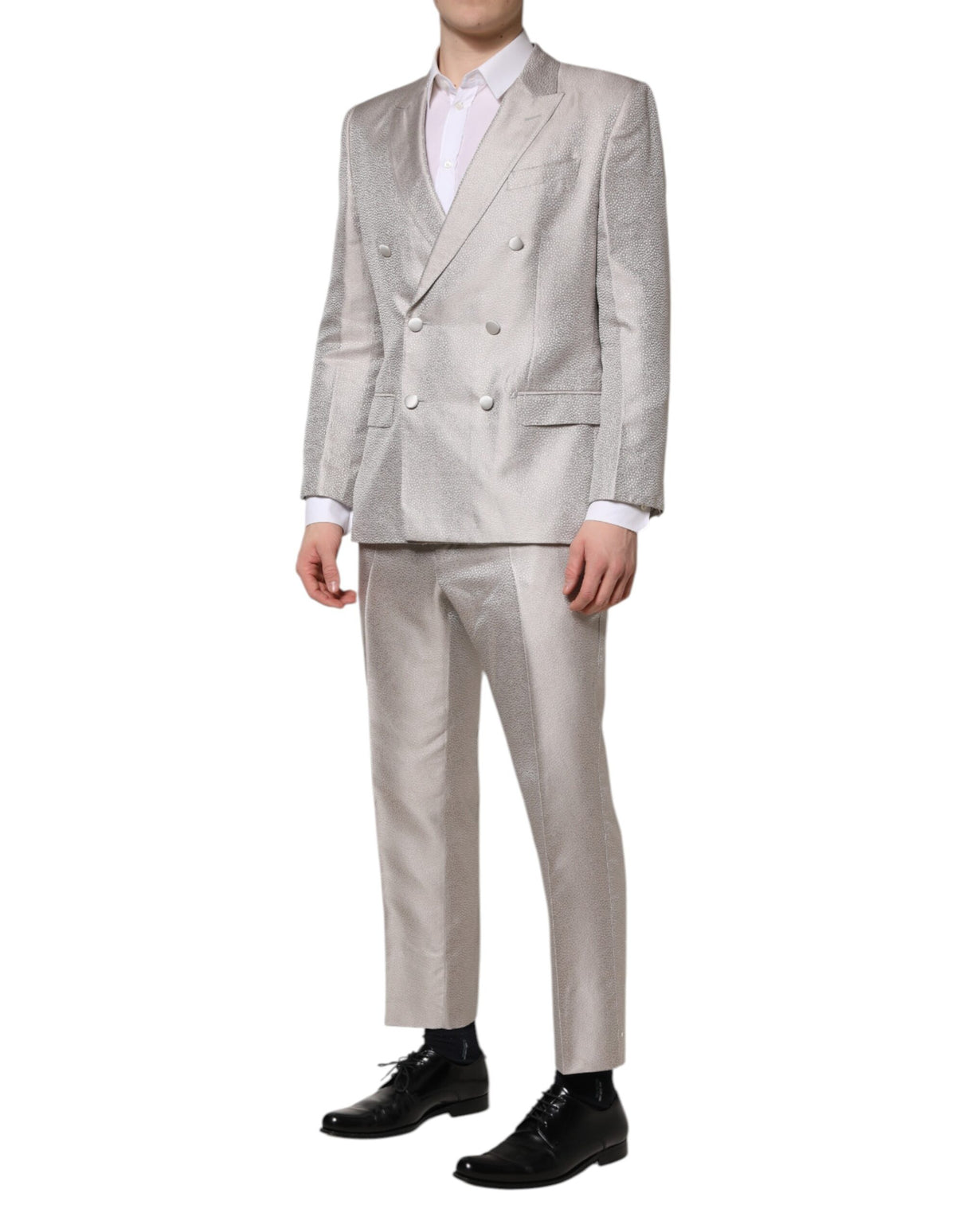 Dolce & Gabbana Light Gray Jacquard Silk Dotted 2 Piece Suit