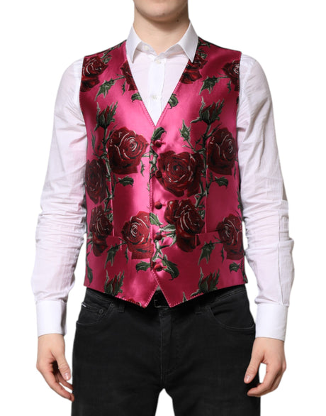 Dolce & Gabbana Pink Floral Satin Formal Men Waistcoat Vest