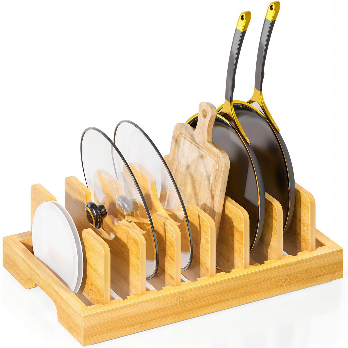 Kiasthome Bamboo Pot and Pan Organizer Pot Lid Organizer Holder Rack for Countertop Drawer Kitchen Cabinet Organizer with 7 Adjustable Dividers for Pots Pans Baking Sheets Cutting Boards Nature