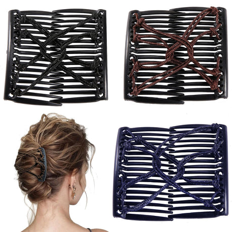 3 Pieces Elastic Magic Hair Comb Stretchy Double Comb Hair Forks Clips for Women Beaded Hairpins Girls Vintage Hairstyle Multipurpose Hair Accessories (Brown Black Navy)