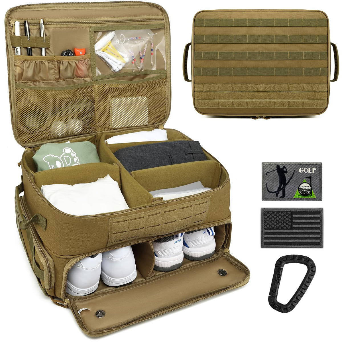 SunForMorning 2 Layer Golf Trunk Organizer Waterproof Car Golf Locker with Separate Ventilated Compartment Golf Car Locker Organizer for Balls Tees Clothes Gloves Accessories Brown