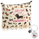JAPBOR Makeup Bag for Dog Lovers - Dachshund Dog Themed Cosmetic Bags and Keychain Gifts Set Cute Puppy Organizer Makeup Pouch Animal Travel Zipper Toiletry for Owner Women Girl Traveling Birthday