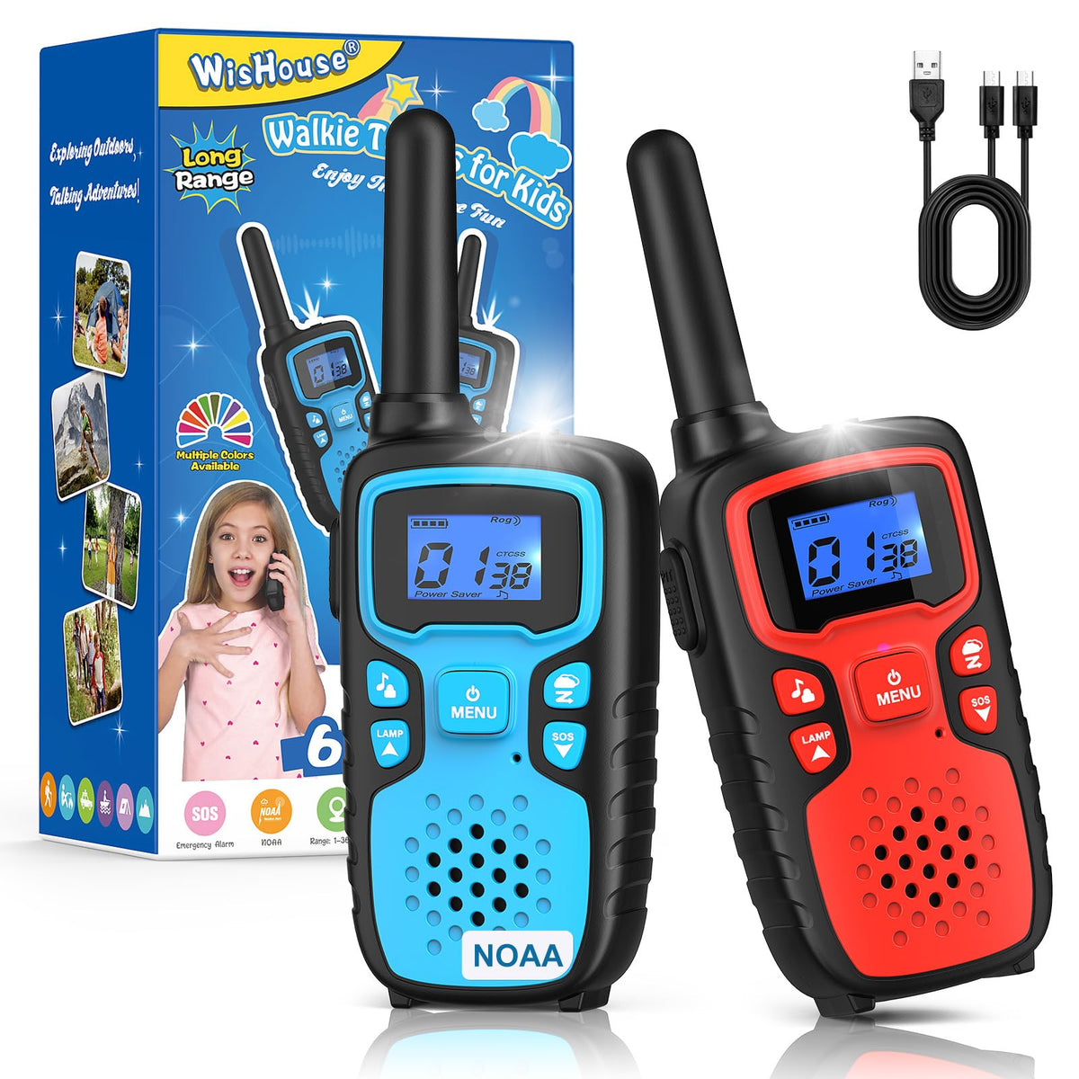 Wishouse Walkie Talkies for Kids Rechargeable Long RangeXmas Birthday Gift for 4 5 6 7 8 9 Year Old Boys GirlsHiking Gear Camping Games Cool Toys with NOAASOS SirenLampLanyardsEasy to Use2 Pack