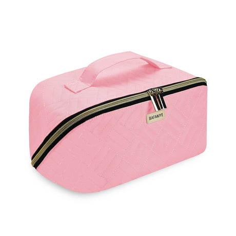 BAFAMYE Travel Makeup Bag - 4L Compact Cosmetic Organizer Bag Makeup Toiletry Travel Bag with Brush Holder & Multiple Compartments Waterproof Pink