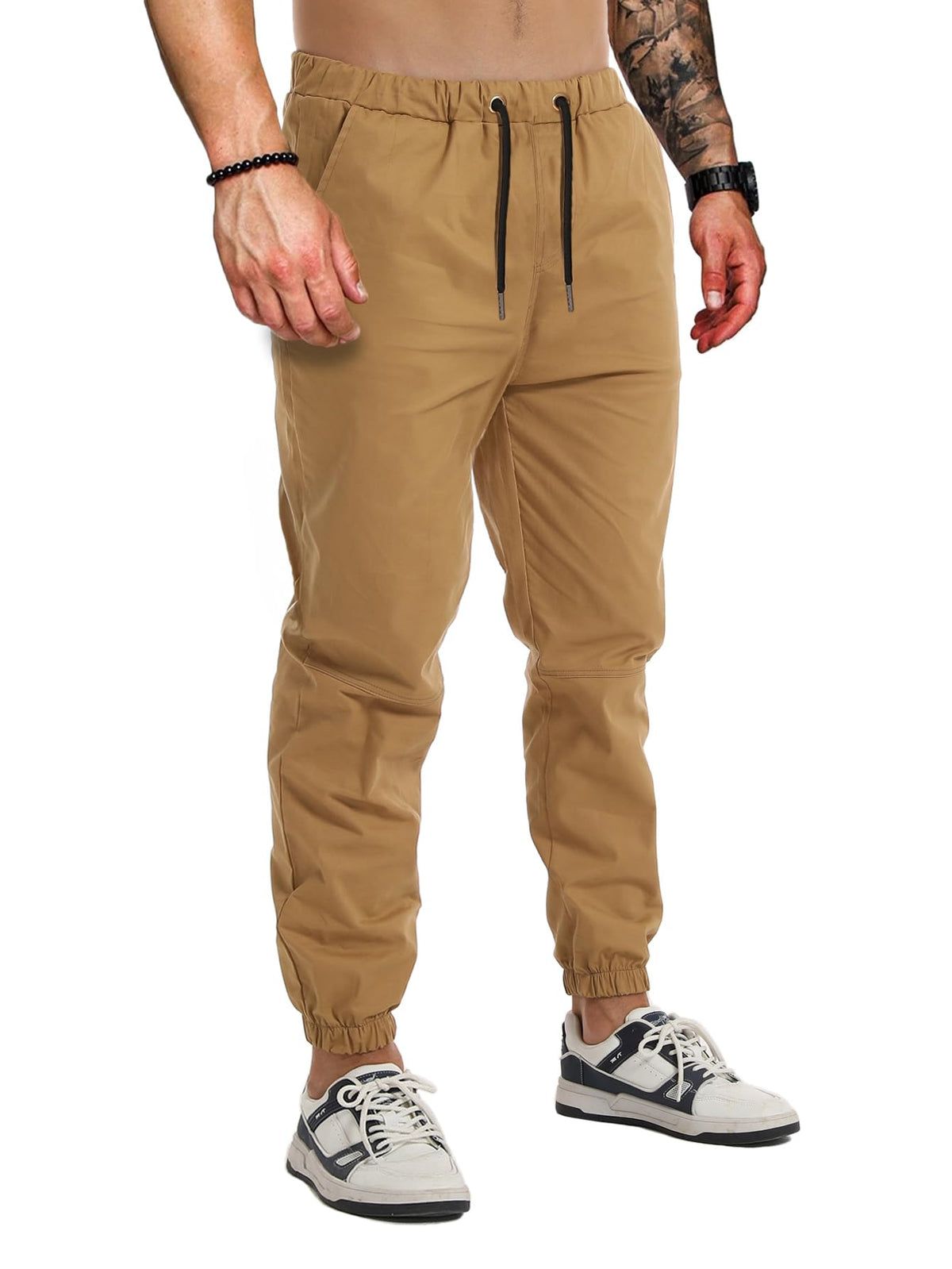 AUTIWITUA Mens Casual Jogger Pants Lightweight Cotton Drawstring Cargo Pants Outdoor Hiking Twill Track Tapered Jogging Sweatpants Dark Khaki