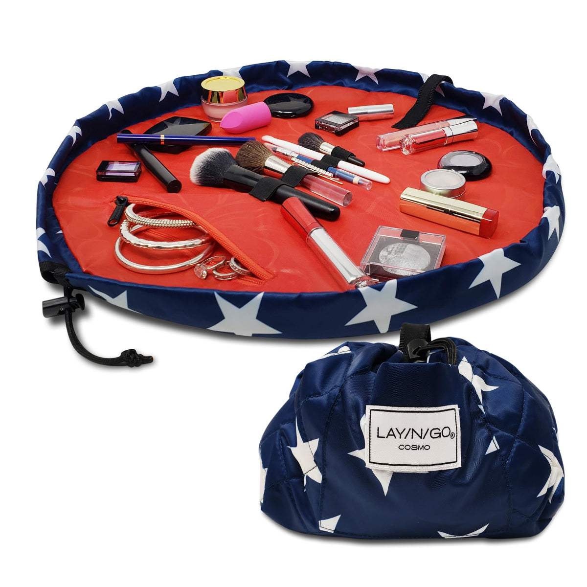 Lay-n-Go Cosmo Drawstring Cosmetic & Makeup Bag Organizer - Portable Drawstring Makeup Bag w/Zipper Pocket Makeup Loops & More - Durable Machine Washable Makeup Bag for Travel (20” Navy/Red Stars)