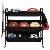 StorageWorks Sports Equipment Organizer with Hooks Ball Rack Organizer with Wheels 3-Shelf Ball Rack for Basketball Football Volleyball Large