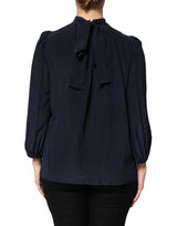 Dolce & Gabbana Blue Silk Mock Neck Long Sleeves Blouse Top