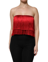 Dolce & Gabbana Red Silk Strapless Fringe Crop Tube Top