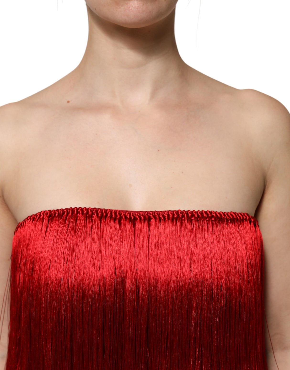 Dolce & Gabbana Red Silk Strapless Fringe Crop Tube Top