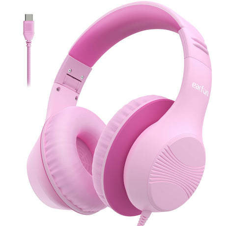 EarFun K3 Kids Headphones Over Ear Headphones for Kids Volume Limit HD Stereo Sound USB-C Cable Comfortable Fit Foldable Wired Headphones for School/Travel/Boys/Girls/Tablet/iPad Pink