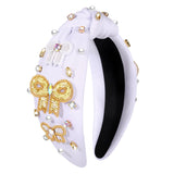 vokone Bow Headband Gold Bow Sequin Headband Jeweled Crystal Embellished Knotted Headband Wide Statement Hairband Hair Accessories White