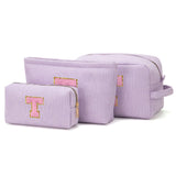 Viverte Makeup Bag Cosmetic Bag for Girls with Initial Letter Patch 3 Pieces Corduroy Travel Toiletry Make Up Brush Bag Pounch Organizer Preppy Things Cute Stuff Gifts for Teen Girls (Lavender T)
