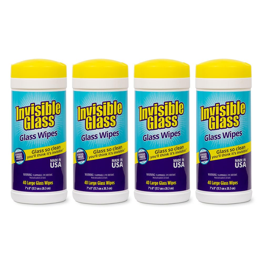 Invisible Glass 90160-4PK Glass Cleaning Wipes Perfect for Cleaning Mirrors Windows and Windshields at Home in Your Car or at the Office Streak-Free Tint-Safe Lint-Free 40 Wipes Pack of 4