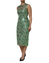 Dolce & Gabbana Green Cotton Floral Lace Sheath Midi Dress