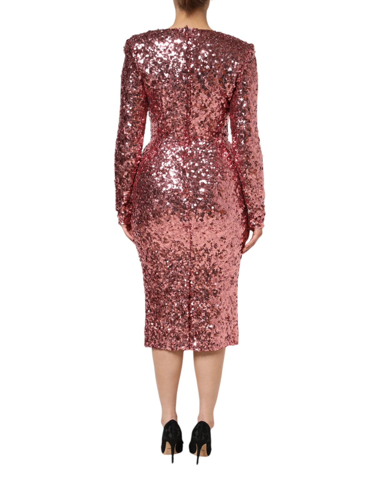 Dolce & Gabbana Pink Sequin Statement Nylon Midi V-Neck Dress