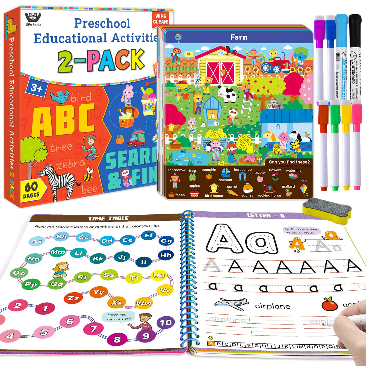 Elite Panda Preschool Learning Activities 60 Reusable Pages (2-Pack) Kindergarten Workbook & Search and Find for Kids Art and Craft Supplies Educational Toys Girl Boy Ages 3 4 5 6 Year Old