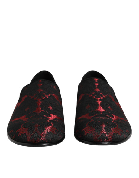 Dolce & Gabbana Red Black Jacquard Slip On Loafers Shoes