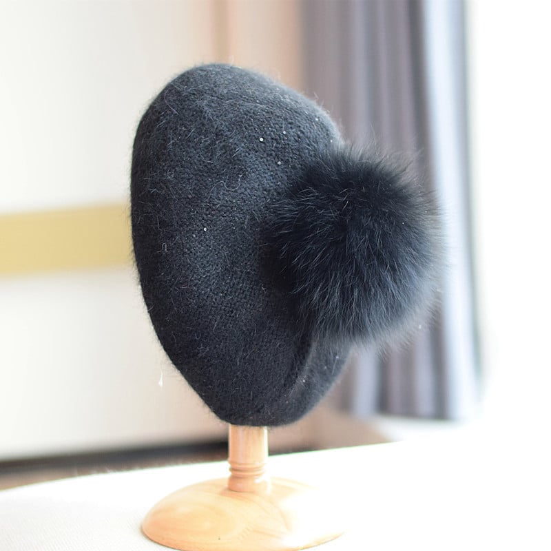 Knitted Sequin Beret with Rabbit Hair Detail