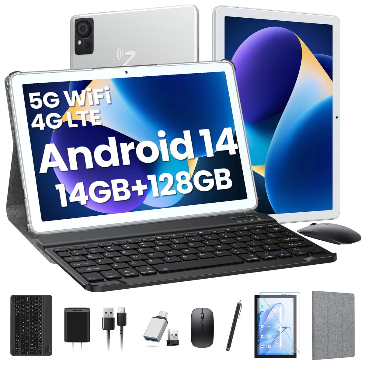 Tablet 2025 Android 14 Tablet with Keyboard 14GB+128GB+1TB Expand 4G Cellular Tablets with Dual Sim Slot10.1 Inch Octa-Core 2-in-1 Tablets with Incell Screen5G Wifi7000 mAhFace UnlockMouseCase
