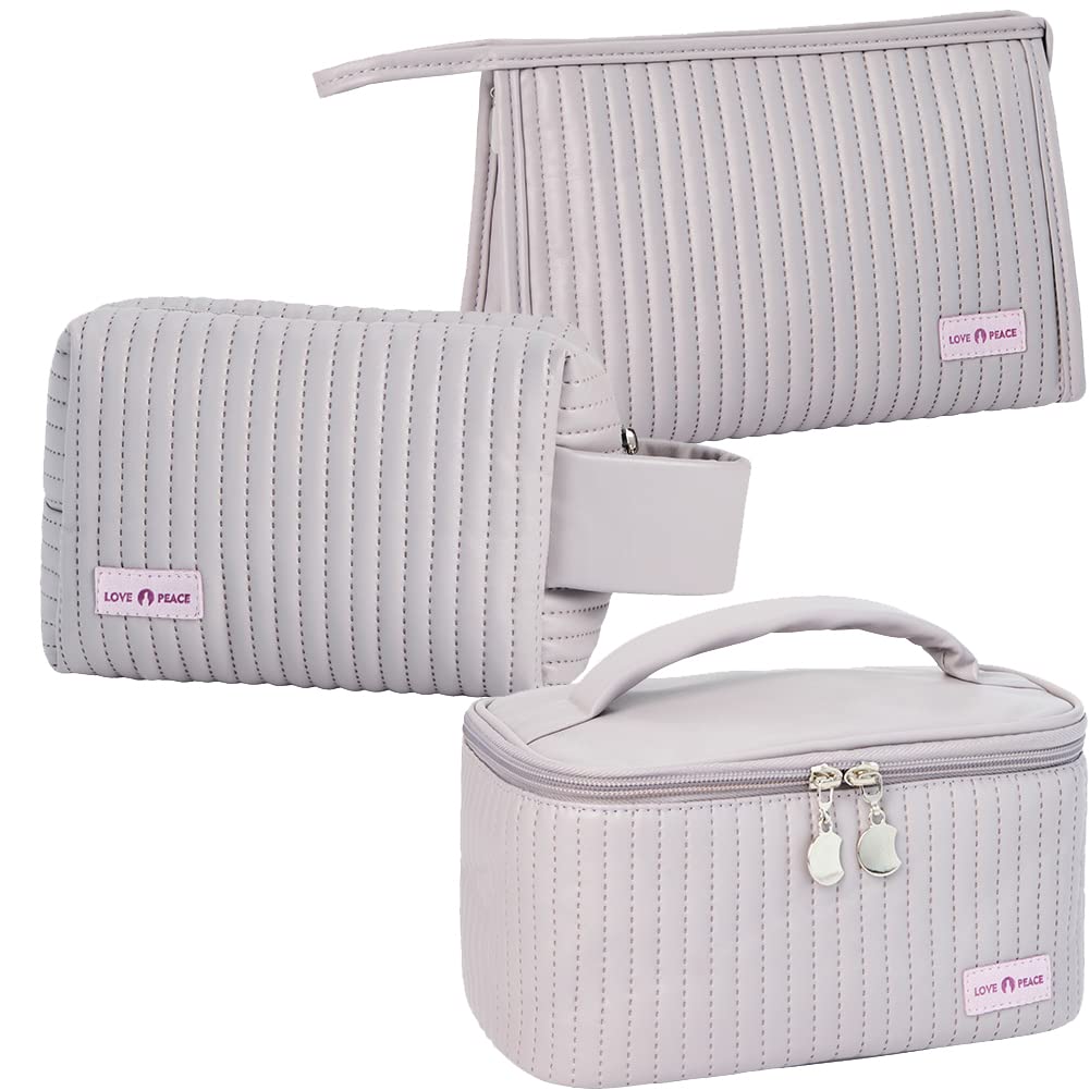 Linpr 3 Pcs Makeup Bag Set Portable Waterproof PU Striped Leather Toiletry Bags Cute Travel Cosmetic Organizer for Women and Girls (Light Purple)