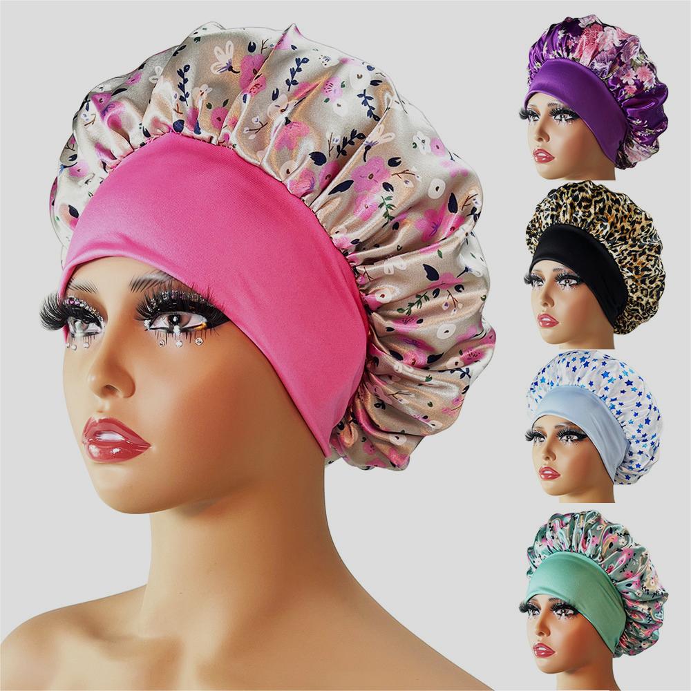Wide-Brimmed Satin Printed Shower Cap for Beauty