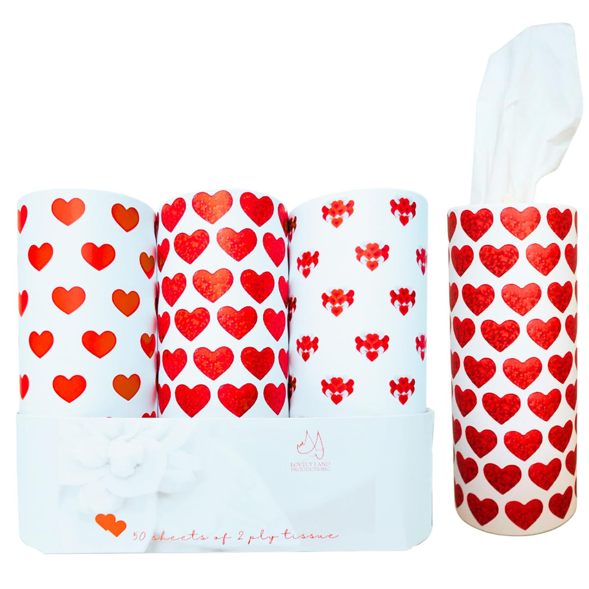 Cylinder Car Tissue Box Printed Heart Red White Car Tissue Holder with 2-ply Facial Tissue Bulk-3 PK Tissue Holder for Car Travel Tissue for Car Cup Holder Car Tissue Round Container Kraft